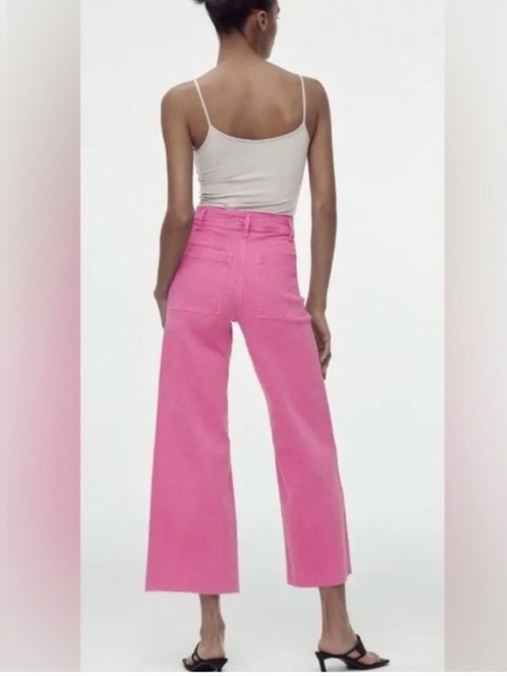 Zara Marine Straight Jean Waist Wide Leg Pink cropped raw hem 6 cotton stretch - Picture 2 of 11